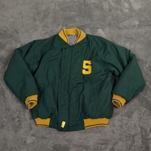 VTG  Jacket Womens Green‎ Varsity Letterman Cotton Insulated S Embroidered READ